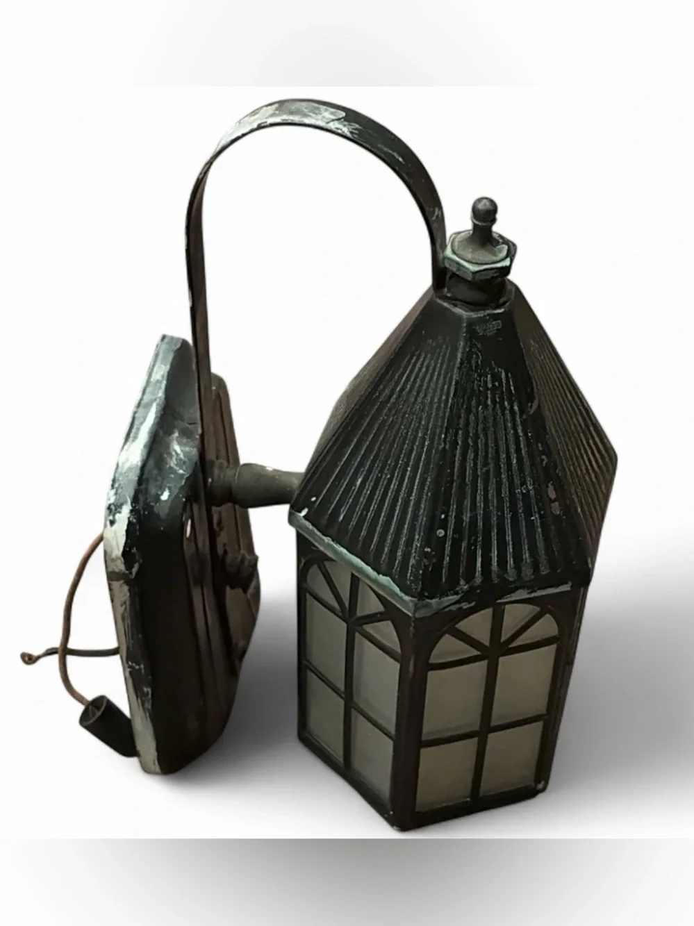 Vintage Arts & Crafts Mission Copper Glass Paneled Painted Black Lantern Sconce